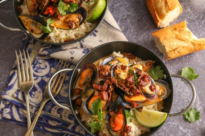 Mussels with Chorizo on Creamy Risotto