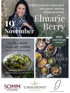 🌟 An Exclusive Celebration with Elmarie Berry 🌟
Award-winning cookbook author and culinary creative Elmarie Berry invites you to an intimate celebration of her Gourmand Award-winning book, The Table. Experience a harvest table lunch with perfectly paired wines, featuring her signature fusion of Middle Eastern and South African flavours — dishes designed to be shared, savoured, and celebrated.
Be among the first to explore her new table linen collection, Imperfect Grace, launching just in time for Christmas, and enjoy a lively and heartfelt conversation with Anita Reynolds about the art and joy of cooking.
This is a day of true inspiration, perfect for gathering ideas for your summer holiday tables. Guests can also shop the cookbook and linen collection on the day, making it a sensory and stylish experience not to be missed.
📩 Book now: ar@sommcoffee.co.za
Seats are limited — secure yours today!