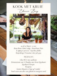 Ek is so opgewonde om die nuus met julle te deel, ek gaan by die mooie @bonabonagamelodge met julle my Paasfees klas deel. Kom kuier saam met my! 

24 of 25 Maart : 11 uur
Bona Bona Game Lodge - Kasselman Huis
R 1500 per persoon - beperkte plekke
Besprekings / Francina / 060 528 4525

INGESLUIT:
Glas MCC met aankoms
Demonstrasie van ‘n Paasfees met Kruie Spyskaart
Spyskaart Resepte
Wynproe
Geniet Elmarie se “pop-up” winkel
Smul saam aan alles wat gekook en voorgesit word.

#elmarieberrycookingclasses #bonabona