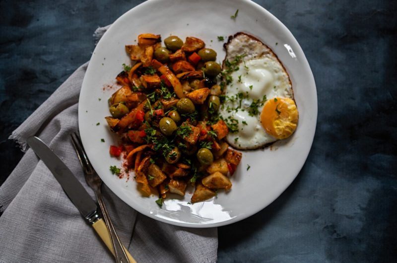 Mediterranean Breakfast Potatoes with Green Olives & Fried Egg
