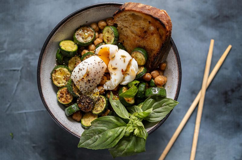 Grilled Zucchini Chickpea Salad with Poached Egg and Chili Oil
